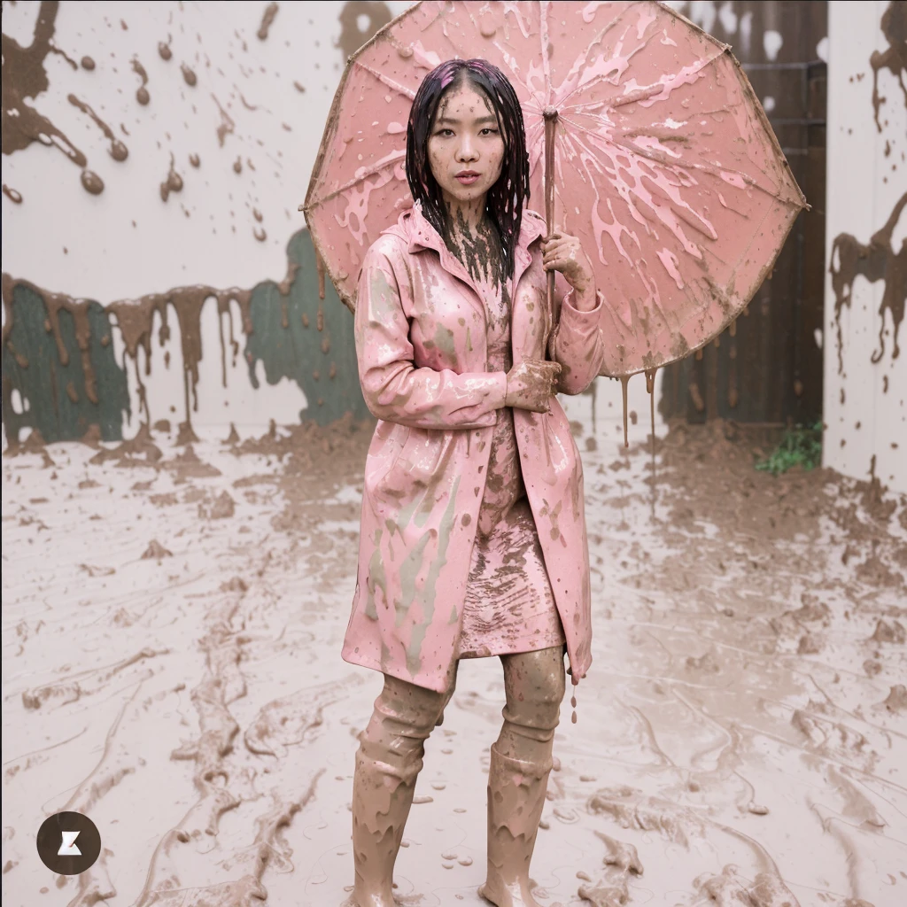 asian lady holding umbrella, cute pose, pink buttoned up raincoat, tall pink rain boots, ((((muddy splatters)))), ((mud dripping down raincoat)), intricate details, highly detailed, masterpiece, 8k, photorealistic, cinematic lighting, vibrant colors, soft focus, elegant, feminine, beautiful, serene, graceful