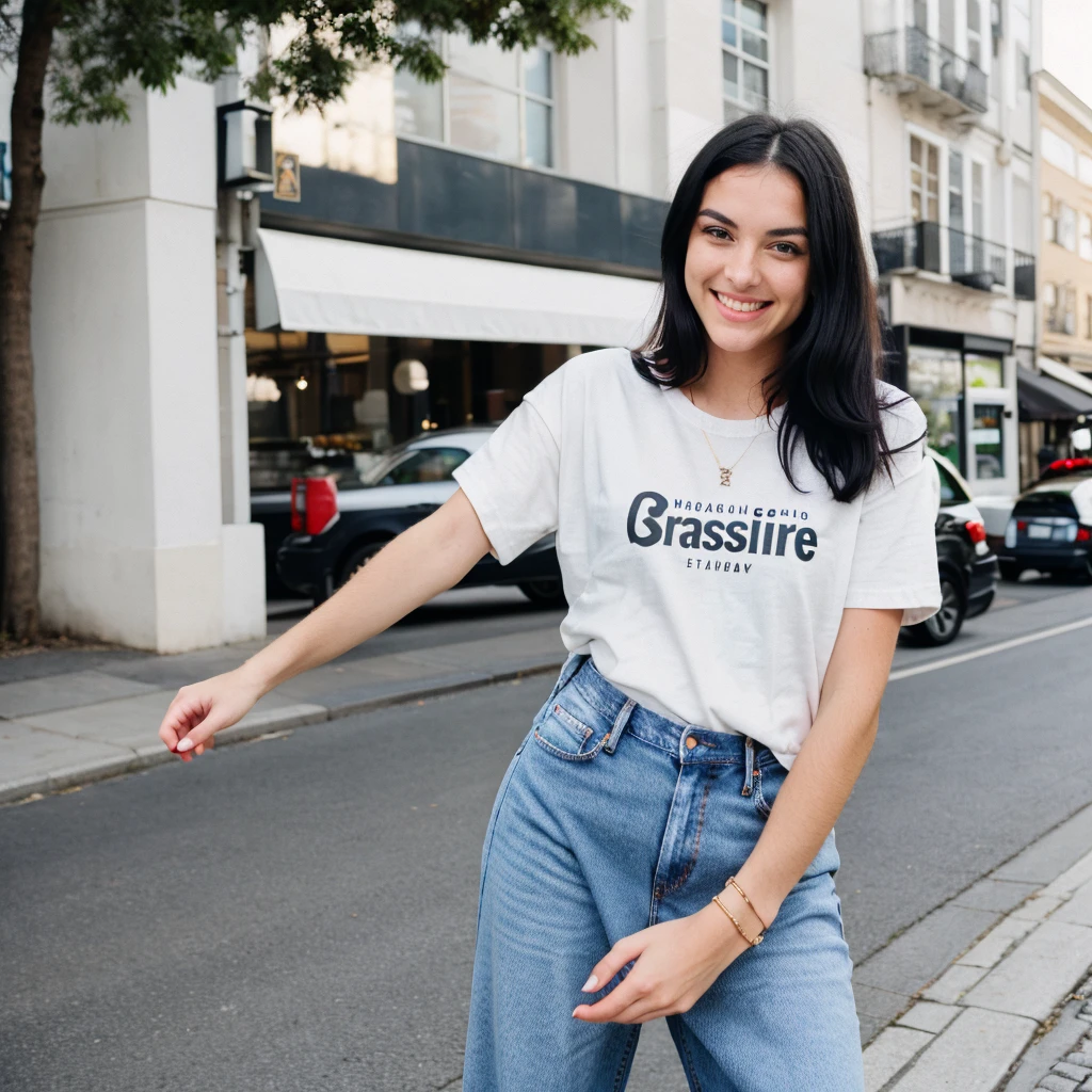A hyper realistic image of a beautiful young Caucasian woman with round face, black hair, smiling. She is wearing a plain (baggy) t-shirt and jeans. In street. (Modest dressing) properly dressed. (((Number of person:1)))