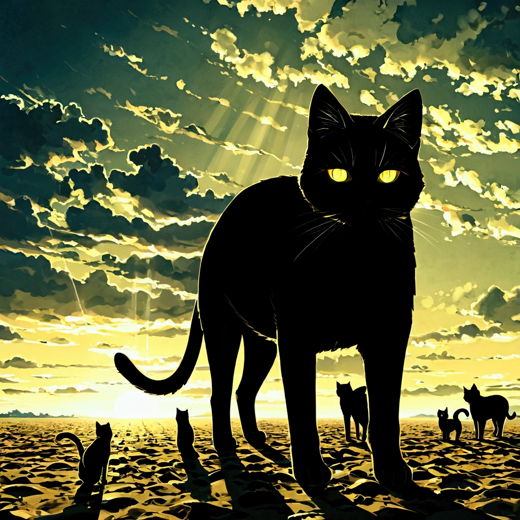 score 9, source anime, no human, animal, cat, silhouette, glowing eyes, sunlight, hyper detailed, 8k, masterpiece, 