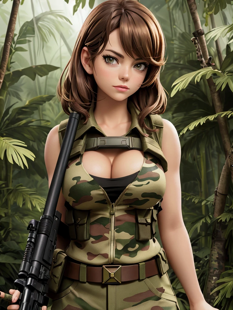An image of a busty female military officer, brunette hair, gorgeous, emma stone, (cleavage), camo vest, jungle, (detailed skin complexion:1.2), best quality, deep color, rtx shading effect, ambient occlusion, highly detailed textures