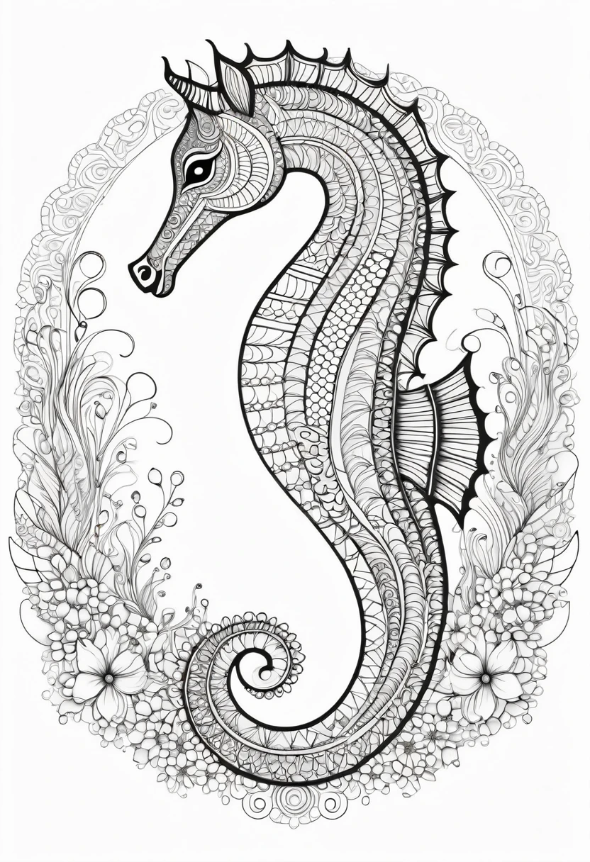 A striking black and white line art coloring page designed for adults with white background, featuring a majestic seahorse in a mandala-inspired style. The seahorse is adorned with intricate patterns that include floral and geometric designs, making it an engaging and detailed work of art. The illustration focuses on crisp, clean lines and bold outlines, without any shading or color, allowing the user to bring their own vibrancy to the piece. The minimalistic design, with its thick lines and absence of background details, creates a soothing coloring experience for adults seeking calming and creative activities. illustration