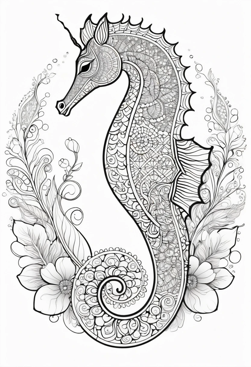 A striking black and white line art coloring page designed for adults with white background, featuring a majestic seahorse in a mandala-inspired style. The seahorse is adorned with intricate patterns that include floral and geometric designs, making it an engaging and detailed work of art. The illustration focuses on crisp, clean lines and bold outlines, without any shading or color, allowing the user to bring their own vibrancy to the piece. The minimalistic design, with its thick lines and absence of background details, creates a soothing coloring experience for adults seeking calming and creative activities. illustration
