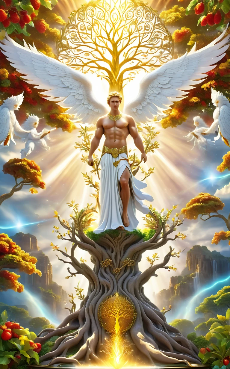A stunning 3D render of the Tree of Life, guarded by two muscular male angels in pristine white robes. The angels stand tall, their flaming swords drawn and ready, radiating an aura of divine protection. The Tree of Life itself is a magnificent, ancient creation with intricate roots and branches, adorned with an array of vibrant fruits and leaves. The scene is bathed in a golden, ethereal light, giving the image a sense of otherworldly splendor and power., photo, 3d render