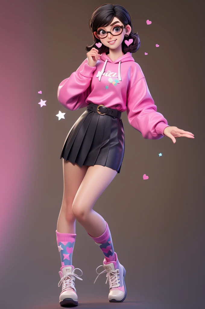 Kizi, medium black hair, eyes browns, brown skin, pink glasses, colorful shirt and black sweatshirt, Pink skirt with heart details, black belt, Long socks with white star print, Pleated boots with gray details.