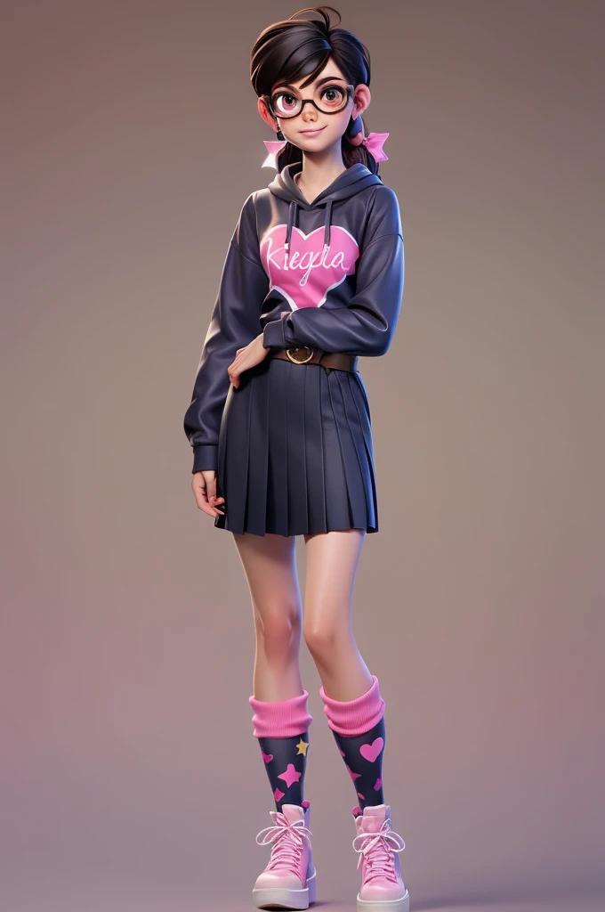 Kizi, medium black hair, eyes browns, brown skin, pink glasses, colorful shirt and black sweatshirt, Pink skirt with heart details, black belt, Long socks with white star print, Pleated boots with gray details.