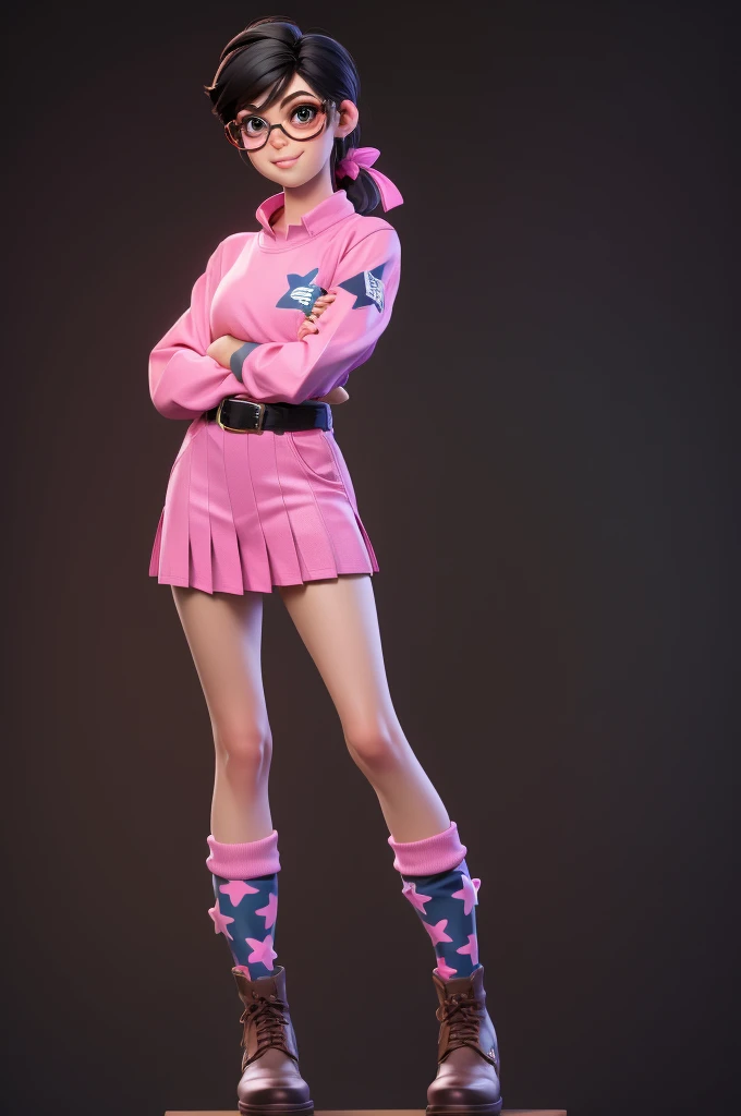 Kizi, medium black hair, eyes browns, brown skin, pink glasses, colorful shirt and black sweatshirt, Pink skirt with heart details, black belt, Long socks with white star print, Pleated boots with gray details.