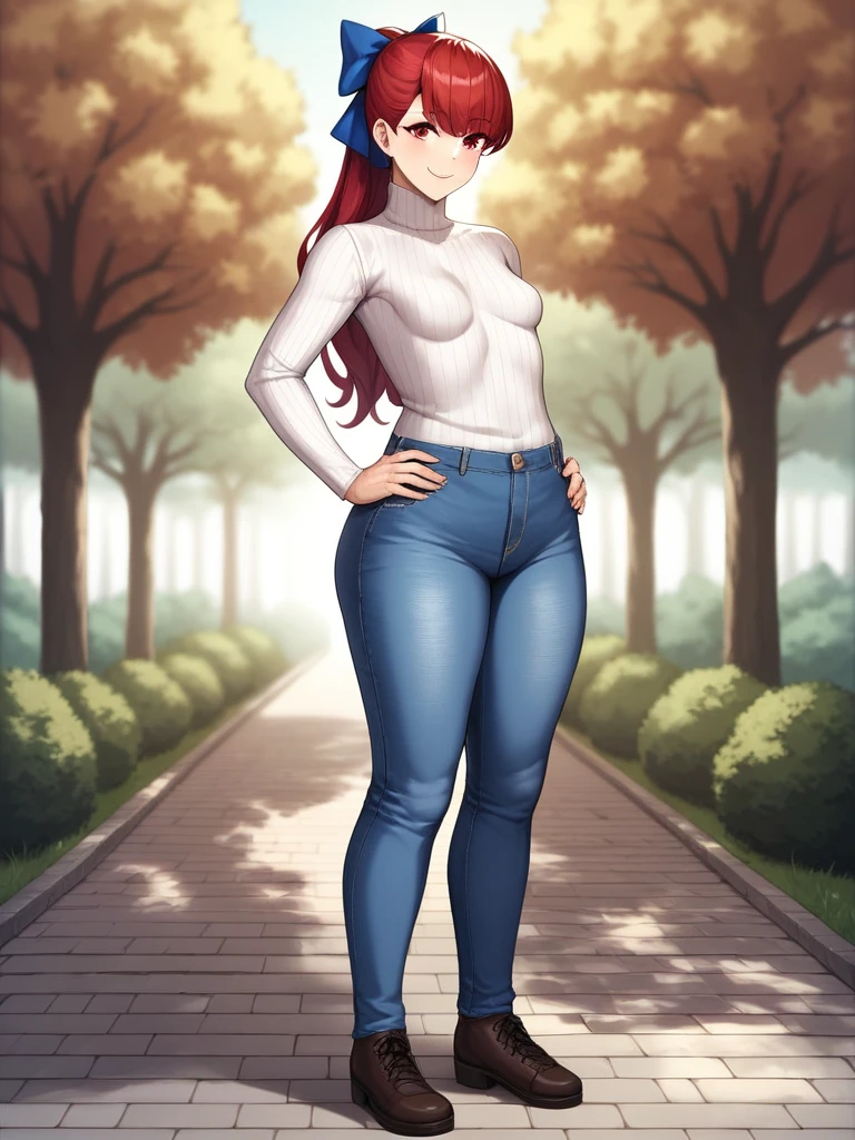 ((mature)), Realistic denim texture, chubby upper body but small breasts, dskasumi, red hair, long hair, ponytail, red eyes, hair bow, 1girl, solo, ((height 150cm)), thick thighs, Bow legs, Beautiful face but chubby face, Chubby kasumi yoshizawa, Hands on hips, Stand up straight, ((Full body)), (low head 1.5), A little chubby body type and small breasts, masterpiece, tight denim pants, ((small breasts)), thick legs++, Full body+, Solo, Swollen face, 1 woman, (white long sleeve tutleneck 1.5,) (tight turtle neck 1.5), white turtle neck, navy blue Denim pants, thick thighs, low rise navy blue denim pants, solo, simple background, masterpiece, best quality, black hair, A chubby figure that seems real, smile, 
BREAK
outdoors, park, trees, dappled sunlight, depth of field, cinematic, game cg, official art, masterpiece, best quality
