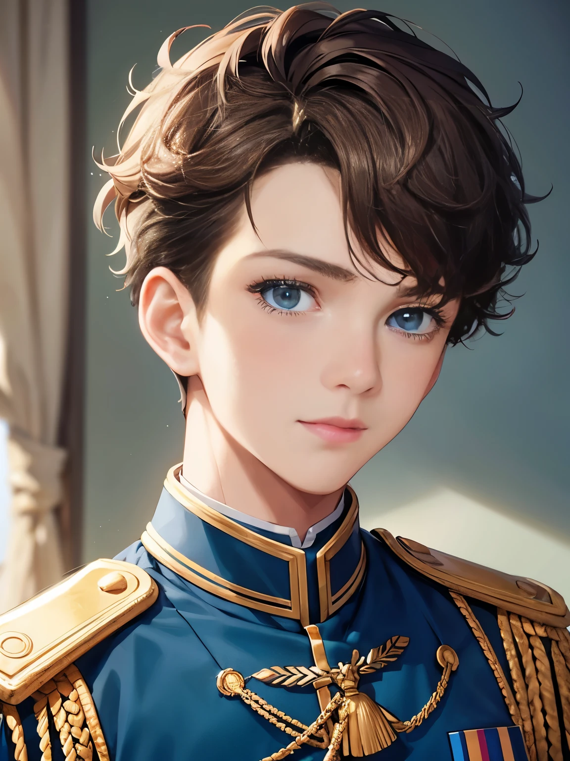 1boy,guy,Standing, at headquarters, army uniform,,Looking away,blue eyes,18 years old,Curly hair,medium hair,undercut hairstyle,light brown hair,,ultra detail, perfect face, hd face, detailed face, masterpiece