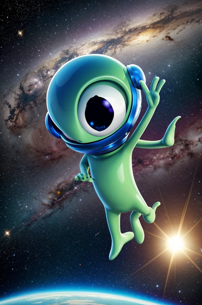 Cute cartoon alien waving at the camera in space