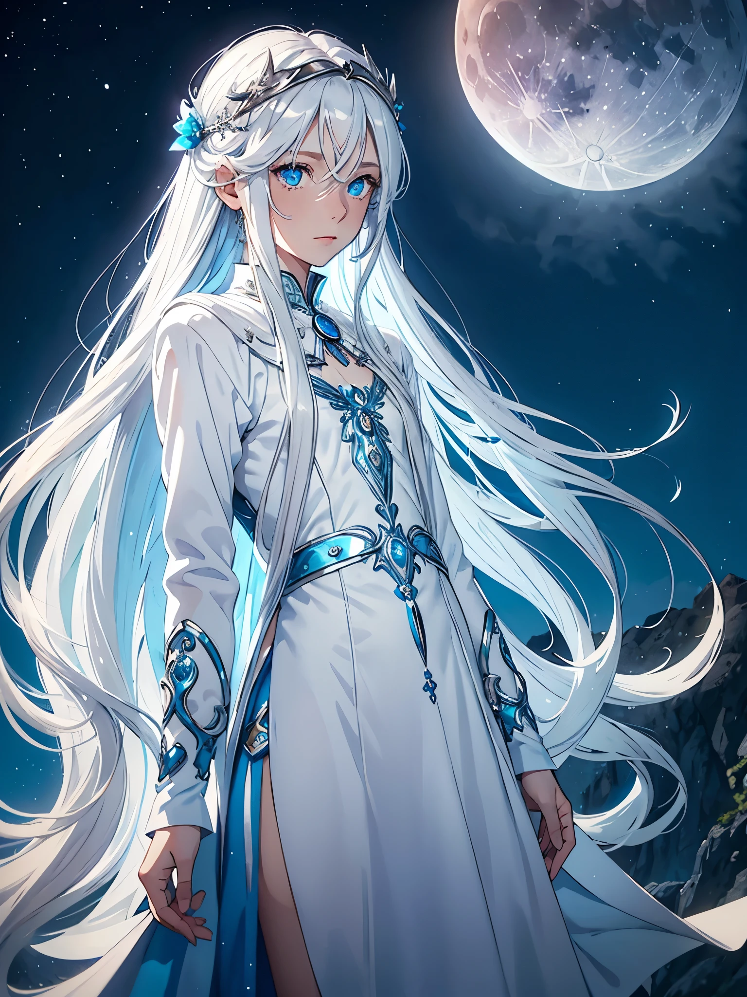 Blue birds. Long hair. long white hair. aquatic, boy, Goddess of the Moon, silver hair accessories, White hair, White dress, cape, at night, saturated colors, light eyes, bright, light blue light, blue eyes, Jewelry silver, bluish light, Full moon in the background, aquatic in der Luft rosa kerzen