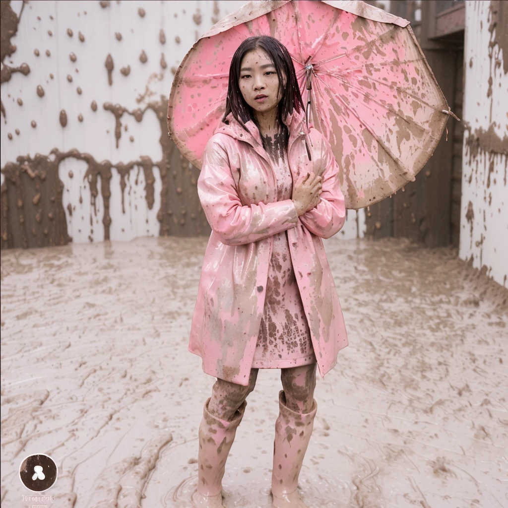 asian lady, cute pose, pink buttoned up raincoat, tall pink rain boots, ((((muddy splatters)))), ((mud dripping down raincoat)), intricate details, highly detailed, masterpiece, 8k, photorealistic, cinematic lighting, vibrant colors, soft focus, elegant, feminine, beautiful, serene, graceful