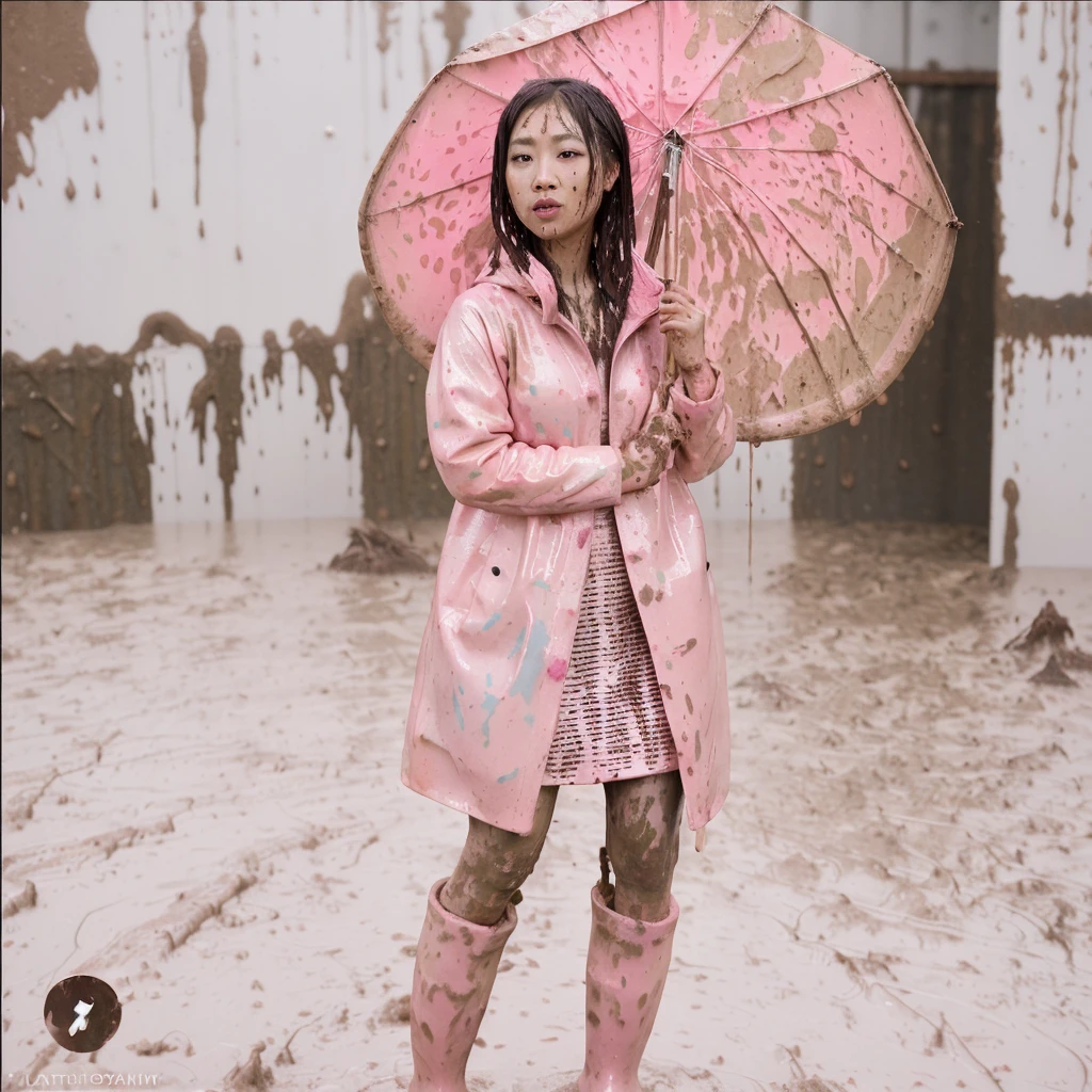 asian lady, cute pose, pink buttoned up raincoat, tall pink rain boots, ((((muddy splatters)))), ((mud dripping down raincoat)),  intricate details, highly detailed, masterpiece, 8k, photorealistic, cinematic lighting, vibrant colors, soft focus, elegant, feminine, beautiful, serene, graceful