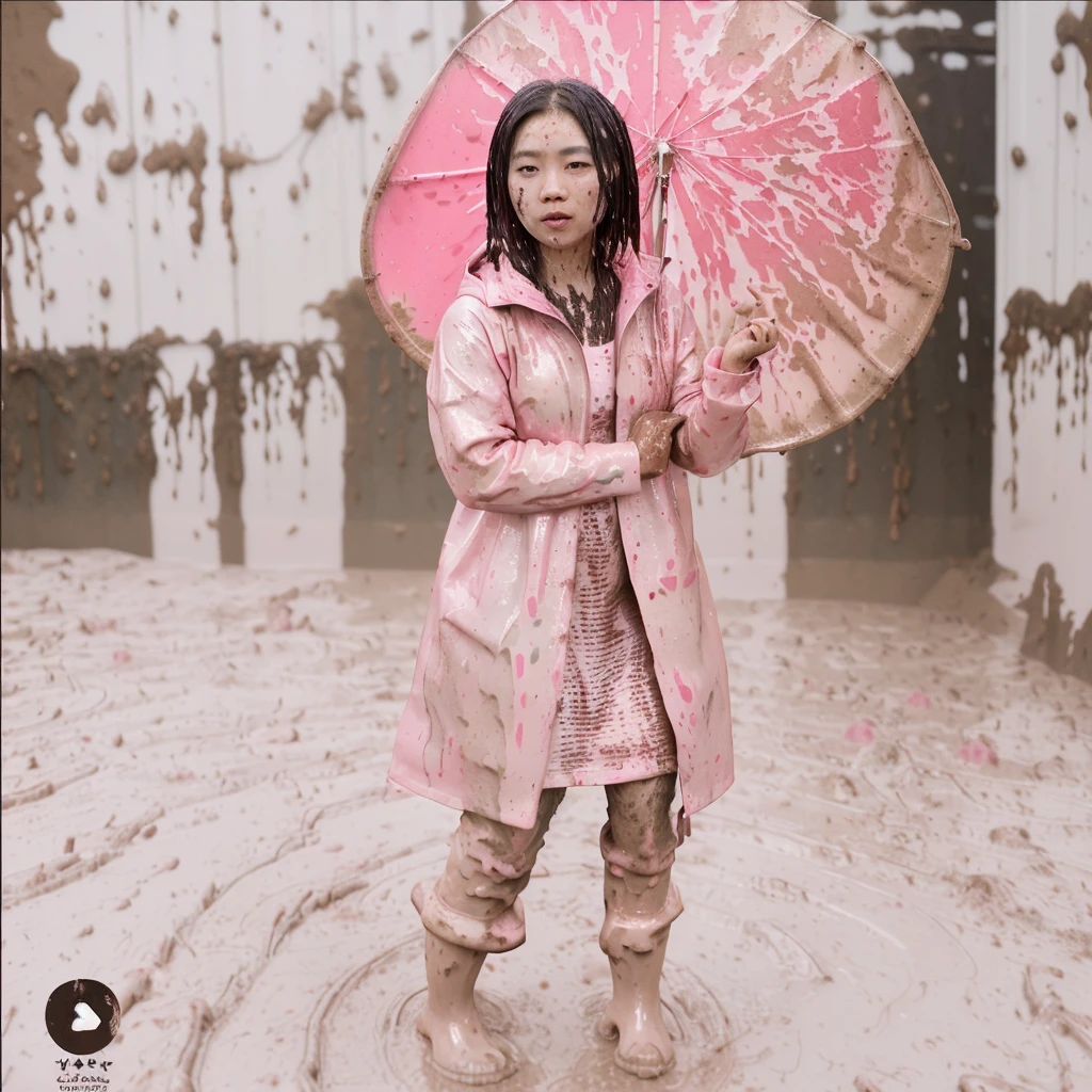 asian lady, cute pose, pink buttoned up raincoat, tall pink rain boots, ((((muddy splatters)))), ((mud dripping down raincoat)),  intricate details, highly detailed, masterpiece, 8k, photorealistic, cinematic lighting, vibrant colors, soft focus, elegant, feminine, beautiful, serene, graceful