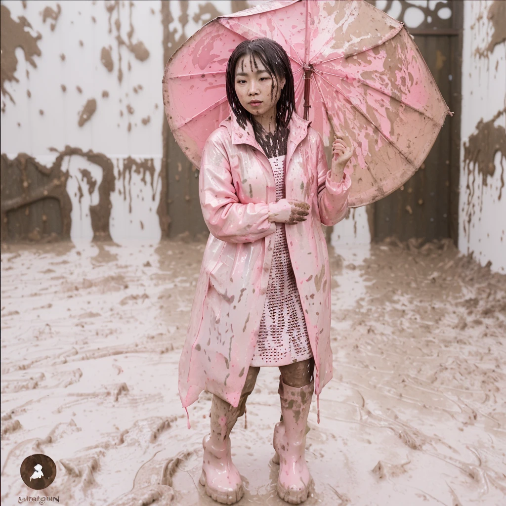 asian lady, cute pose, pink buttoned up raincoat, tall pink rain boots, ((((muddy splatters)))), ((mud dripping down raincoat)),  intricate details, highly detailed, masterpiece, 8k, photorealistic, cinematic lighting, vibrant colors, soft focus, elegant, feminine, beautiful, serene, graceful
