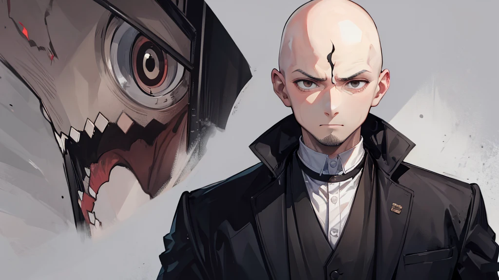 Bald man, no hair, no beard, brown eyes, black suit, judge, with a bad face, psychopath face