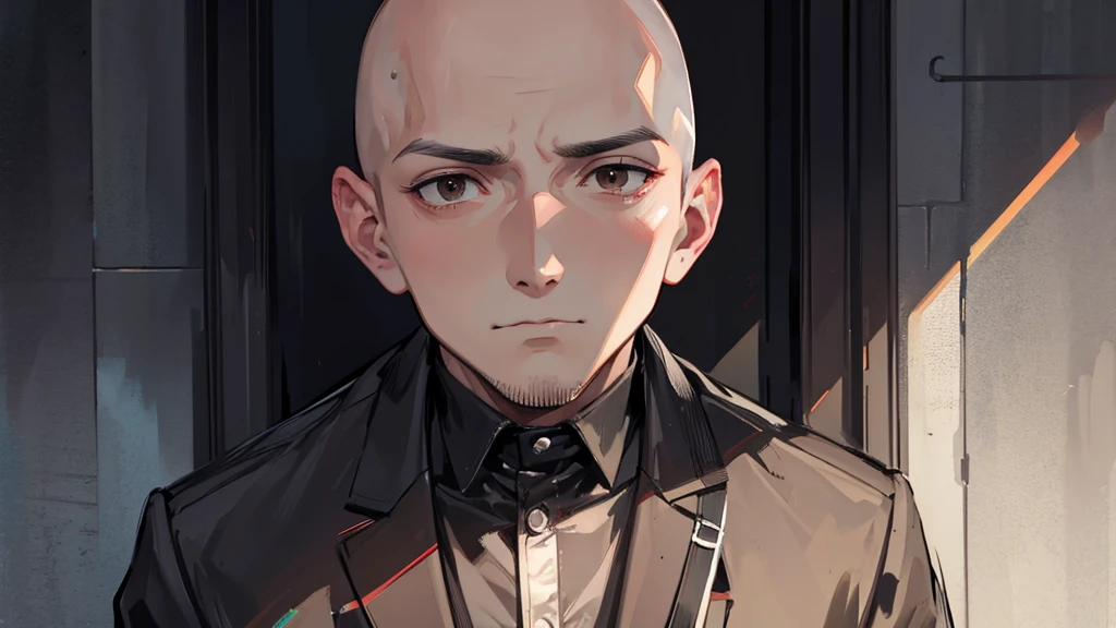 Bald man, no hair, no beard, brown eyes, black suit, judge, with a bad face, psychopath face