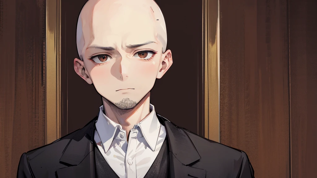 Bald man, no hair, no beard, brown eyes, black suit, judge, with a bad face, psychopath face