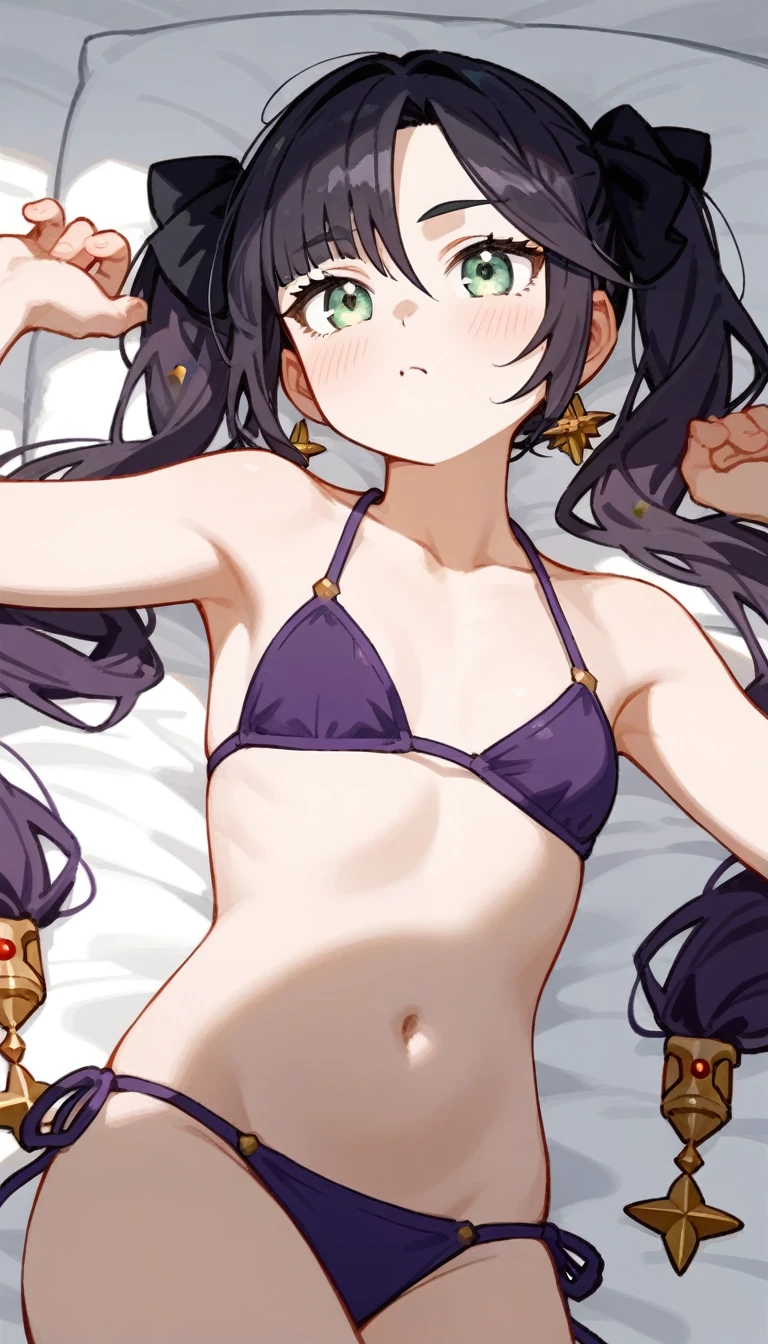 masterpiece,Ultra HD,score_4_onBREAK source_anime,可愛いanimeイラスト, One Girl, alone, Mona XL, Long black hair, Green Eyes, tsurime, Twin tails, Medium Chest, View your audience,Kissing Face,My face burns,Bed,Lying down,Purple Bikini,nsfw,A man approaches