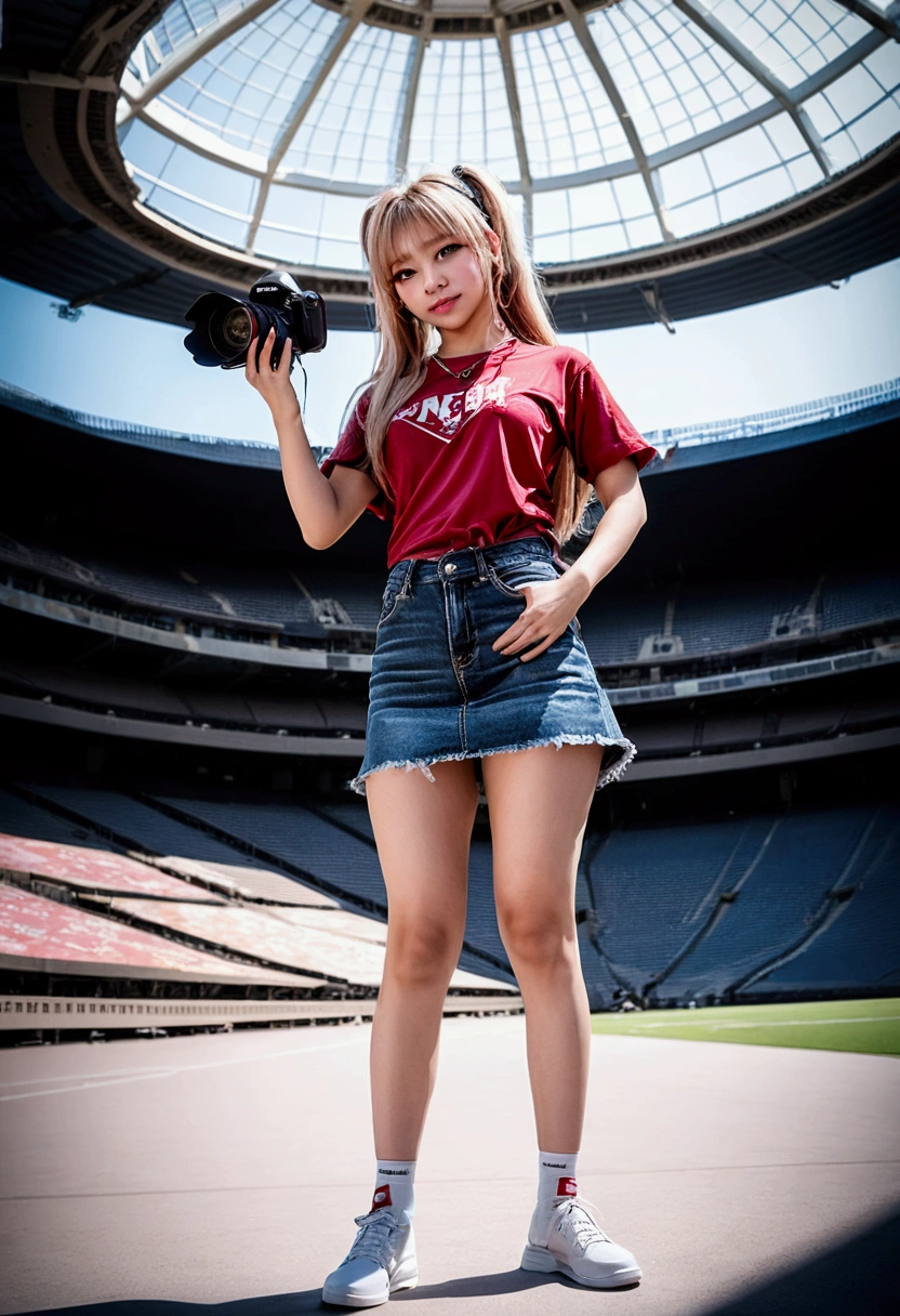 arafed woman in a red shirt and denim skirt holding a camera at stadium, casual pose, shot on nikon z9, shot on canon eos r5, roseanne park of blackpink, shot on canon eos r 5, shooting pose, highly detailed giantess shot, full body photoshoot, official artwork, lalisa manoban of blackpink, anime style mixed with fujifilm