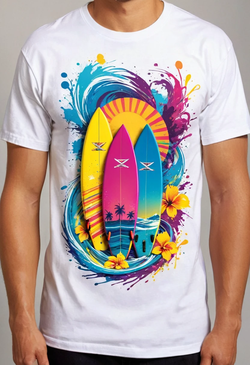 A t-shirt featuring vector art of a colorful illustration of two crossed surfboards, At the center, swirly vibrant colors, paint splashes and smears, high détail, t-shirt designs
(artwork, best quality, proffesional, perfect composition, very aesthetic, absurdrez, super verbose, Intricate details:1.3)