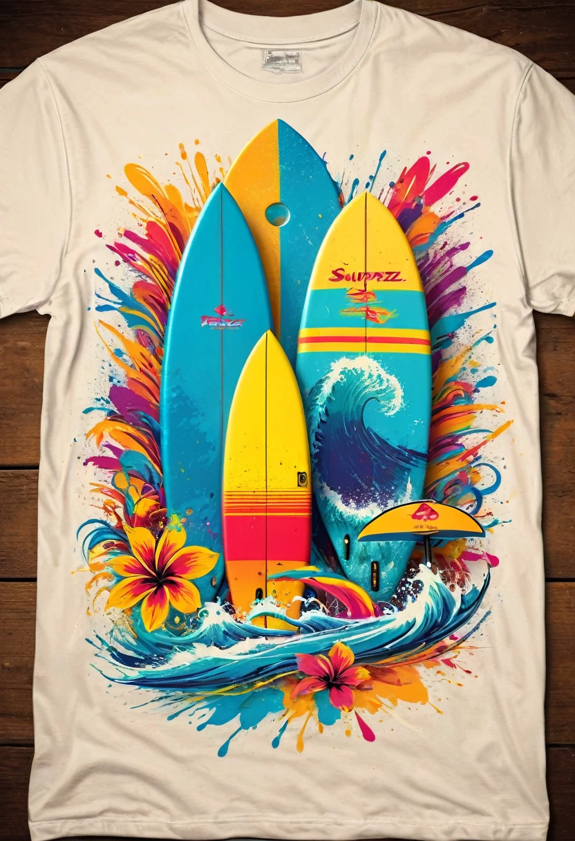 A t-shirt featuring vector art of a colorful illustration of two crossed surfboards, At the center, swirly vibrant colors, paint splashes and smears, high détail, t-shirt designs
(artwork, best quality, proffesional, perfect composition, very aesthetic, absurdrez, super verbose, Intricate details:1.3)