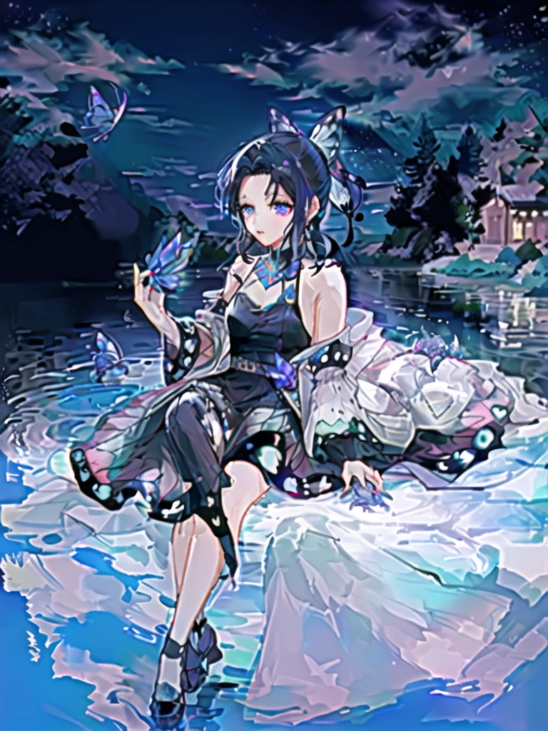 High quality photo,right lips and eye's, (not any mistakes) beautiful shinobu kocho, wearing glittering purple short party dress, angelic, , elegant and graceful, butterfly, sparkling, at a night forest moonlight river side