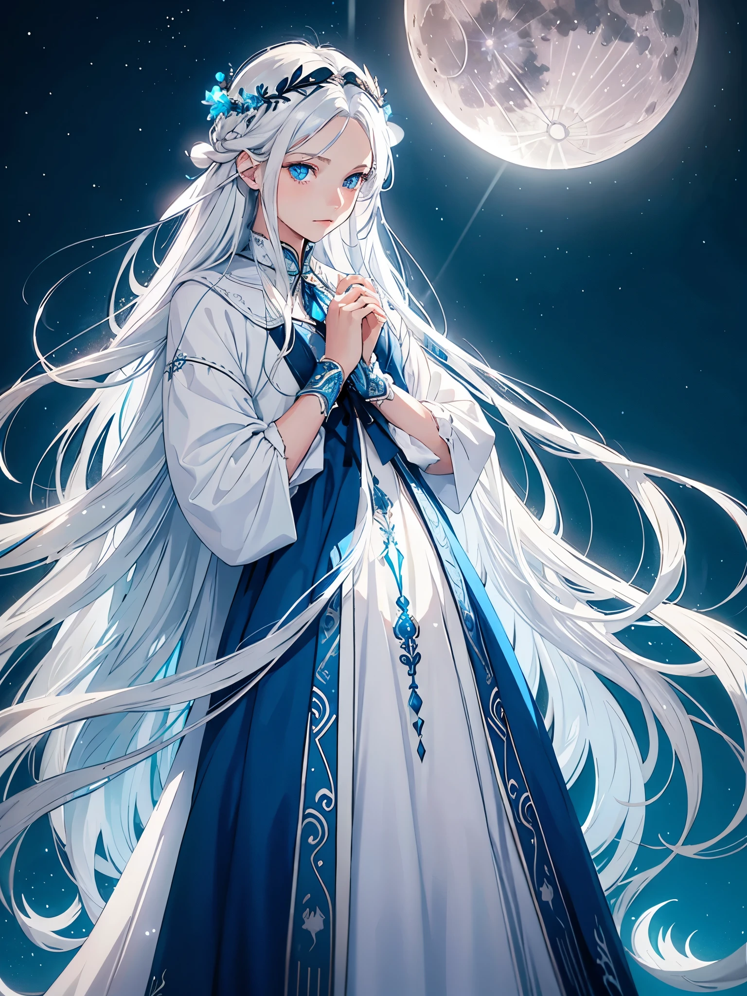 Blue birds. Long hair. long white hair. aquatic, boy, Goddess of the Moon, silver hair accessories, White hair, White dress, cape, at night, saturated colors, light eyes, bright, light blue light, blue eyes, Jewelry silver, bluish light, Full moon in the background, aquatic in der Luft rosa kerzen