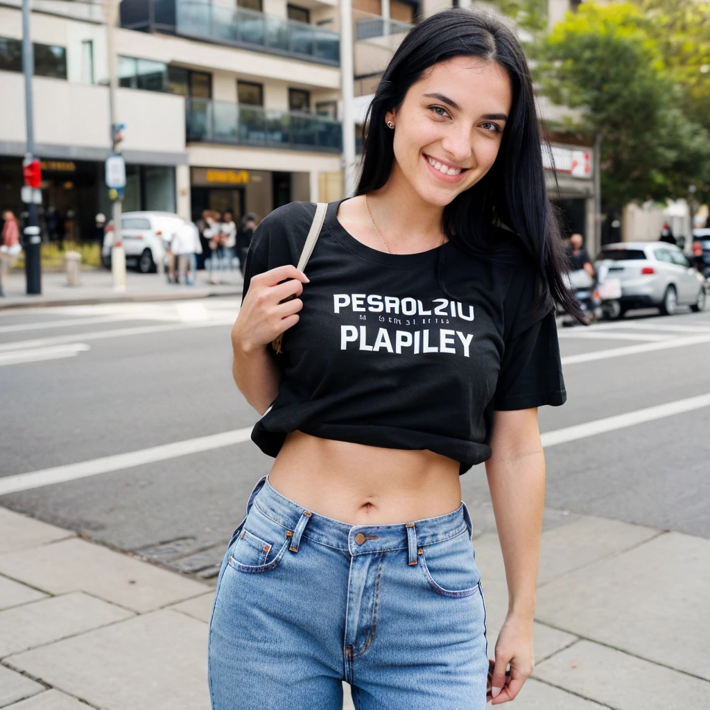 A hyper realistic image of a beautiful young Caucasian woman with  round face, black hair, smiling. She is wearing a plain (baggy) t-shirt and jeans. In street. (Modest dressing) properly dressed. (((Number of persons:1)))