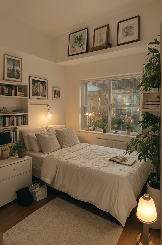 This bedroom has a cozy and intimate atmosphere, perfect for relaxation and sleep. The room features a large window that overlooks a rainy cityscape, providing a moody and calming backdrop. The bed is covered with soft blankets and pillows, and a cat is peacefully resting on it, adding to the cozy vibe. 

The room is decorated with various framed pictures on the wall, and there are warm, ambient lights and small lamps that create a soft glow. The bedside area is cluttered with books and plants, giving the space a lived-in and personal feel. The overall aesthetic is warm and inviting, making it an ideal spot for a restful night's sleep.