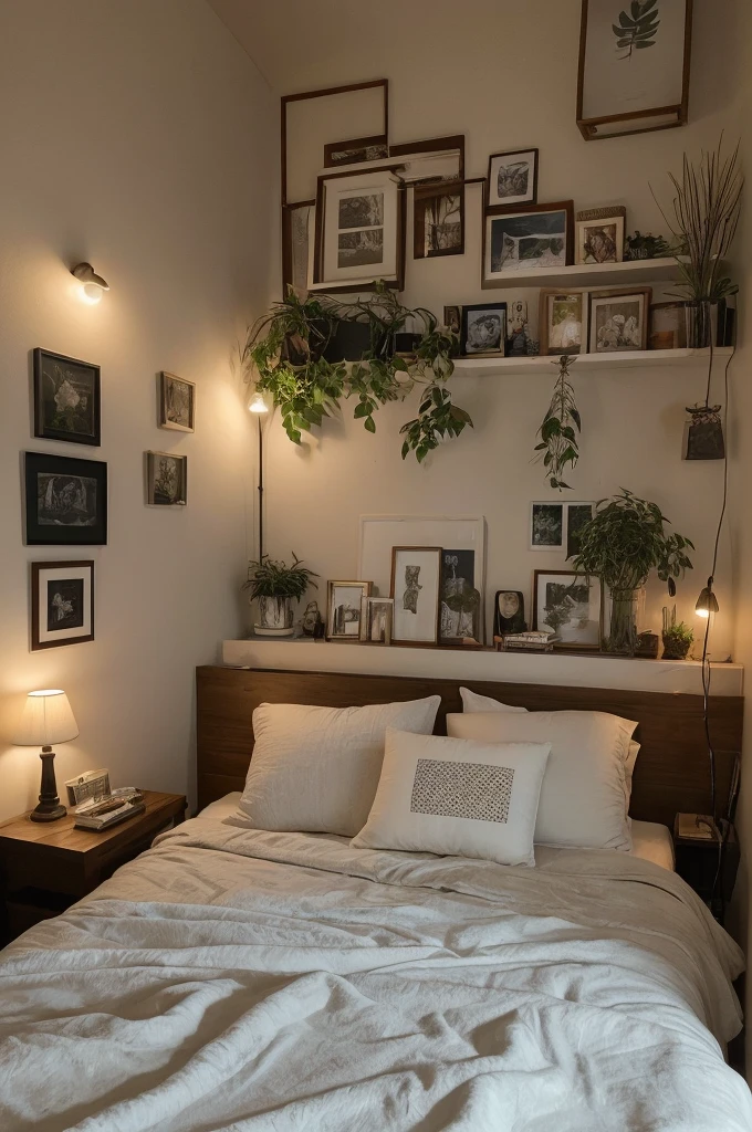 This bedroom has a cozy and intimate atmosphere, perfect for relaxation and sleep. The room features a large window that overlooks a rainy cityscape, providing a moody and calming backdrop. The bed is covered with soft blankets and pillows, and a cat is peacefully resting on it, adding to the cozy vibe. 

The room is decorated with various framed pictures on the wall, and there are warm, ambient lights and small lamps that create a soft glow. The bedside area is cluttered with books and plants, giving the space a lived-in and personal feel. The overall aesthetic is warm and inviting, making it an ideal spot for a restful night's sleep.