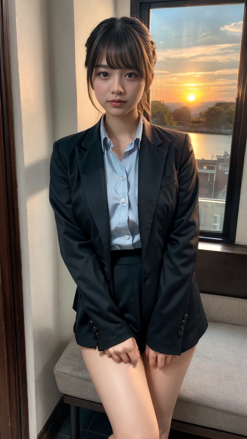 masterpiece, best quality, illustration, Super detailed, fine details, High resolution, 8K,wall paper, perfect dynamic composition,(Details High quality, realistic depiction of eyes:1.3), Office Lady, ,Suit,Collared shirt, Black Suit,Black jacket, updo, huge breasts, Colossal tits, black hair color, Big Natural Color Lip, bold sexy pose, crying a little、20 year old girl、cute type、ta、beautiful legs, hotel room, full body photo、focus on crotch, hposing Gravure Idol, Sexy shot looking at camera, Sunset, by the window, Summer, make up, Curve
