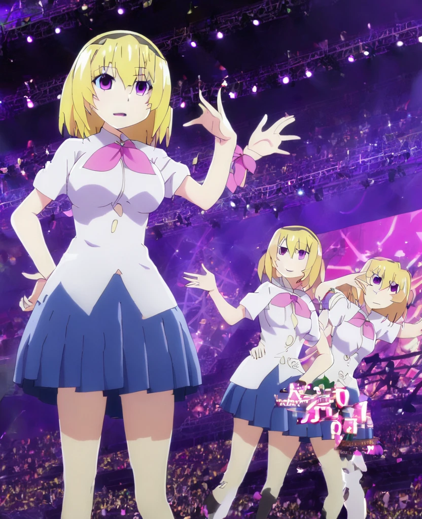 houjousatoko, short hair, blonde hair, purple eyes ,hairband, large breasts, , pink bow, skirt, live stage