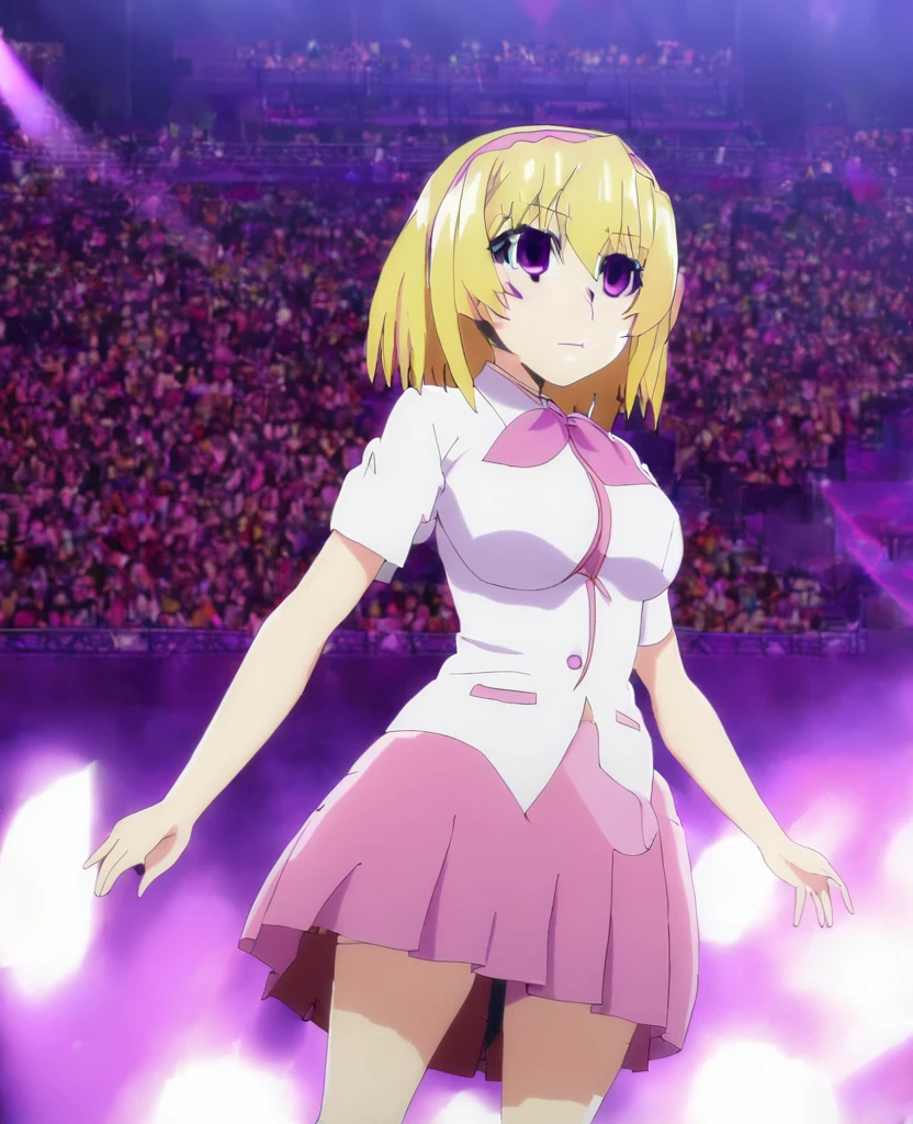 houjousatoko, short hair, blonde hair, purple eyes ,hairband, large , , pink bow, skirt, live stage