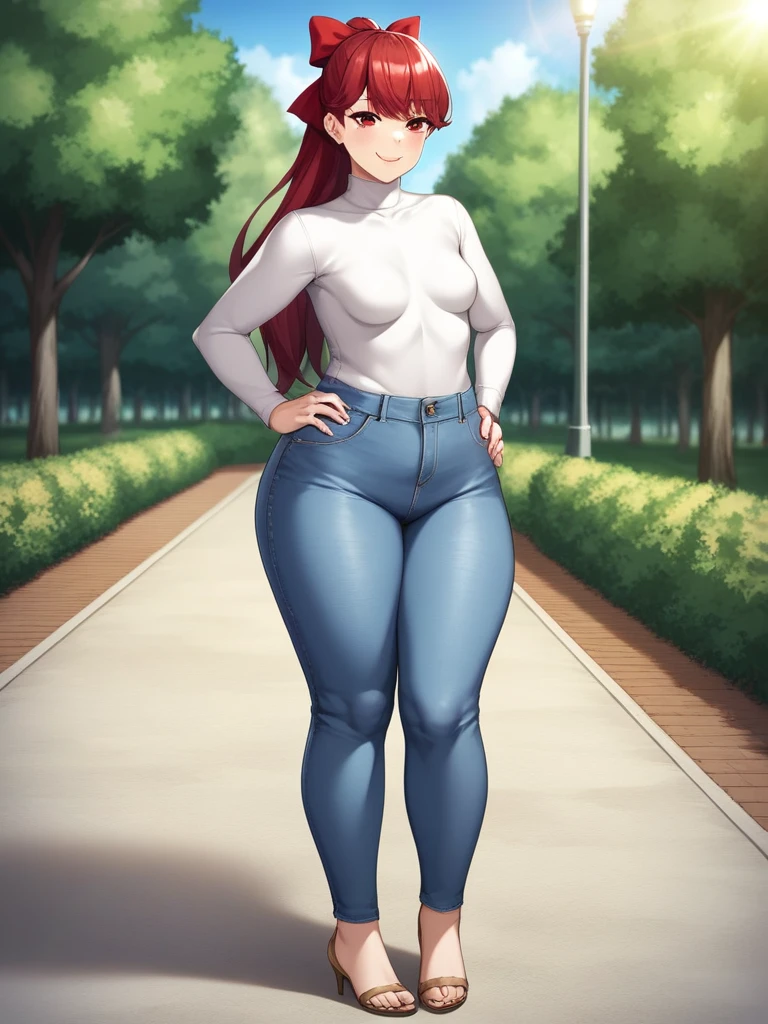 ((mature)), Realistic denim texture, chubby upper body but small breasts, dskasumi, red hair, long hair, ponytail, red eyes, hair bow, 1girl, solo, ((height 150cm)), thick thighs, Bow legs, Beautiful face but chubby face, Chubby kasumi yoshizawa, Hands on hips, Stand up straight, ((Full body)), (low head 1.5), A little chubby body type and small breasts, masterpiece, tight denim pants, ((small breasts)), thick legs++, Full body+, Solo, Swollen face, 1 woman, (white long sleeve tutleneck 1.5,) (tight turtle neck 1.5), white turtle neck, navy blue Denim pants, thick thighs, low rise navy blue denim pants, solo, simple background, masterpiece, best quality, black hair, A chubby figure that seems real, smile, 
BREAK, red ribbon
outdoors, park, trees, dappled sunlight, depth of field, cinematic, game cg, official art, masterpiece, best quality
