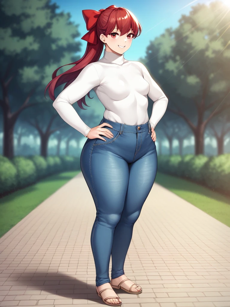 ((mature)), Realistic denim texture, chubby upper body but small breasts, dskasumi, red hair, long hair, ponytail, red eyes, hair bow, 1girl, solo, ((height 150cm)), thick thighs, Bow legs, Beautiful face but chubby face, Chubby kasumi yoshizawa, Hands on hips, Stand up straight, ((Full body)), (low head 1.5), A little chubby body type and small breasts, masterpiece, tight denim pants, ((small breasts)), thick legs++, Full body+, Solo, Swollen face, 1 woman, (white long sleeve tutleneck 1.5,) (tight turtle neck 1.5), white turtle neck, navy blue Denim pants, thick thighs, low rise navy blue denim pants, solo, simple background, masterpiece, best quality, black hair, A chubby figure that seems real, smile, 
BREAK, red ribbon
outdoors, park, trees, dappled sunlight, depth of field, cinematic, game cg, official art, masterpiece, best quality
