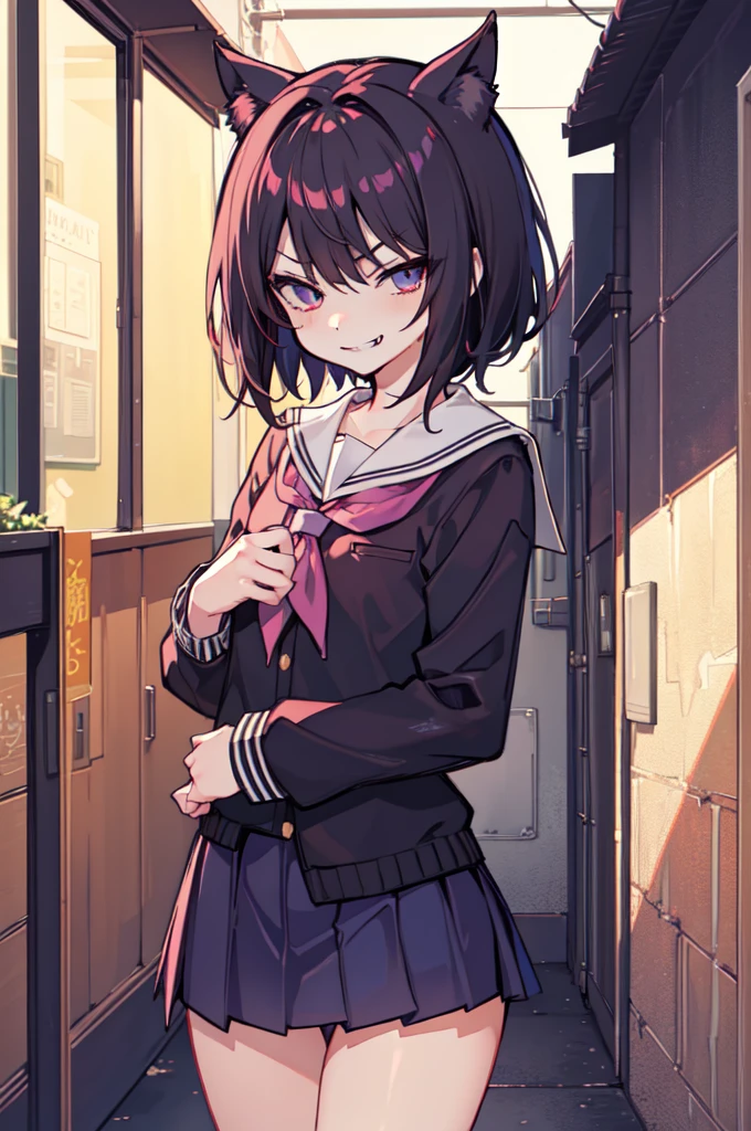 (hentai:1.1), (ideal:1.1), (perfection:1.1), (highest quality:1.2), (best quality:1.2), hentai style, (alley:1.1), 1girl, (sexy body:1.1), (evil smirk:1.2), (loli:0.9), slutty, (school uniform:1.1), detailed body, sexy thighs, small breasts, short hair, high quality eyes, 4K, highest quality resolution, best quality resolution, best quality upscale,