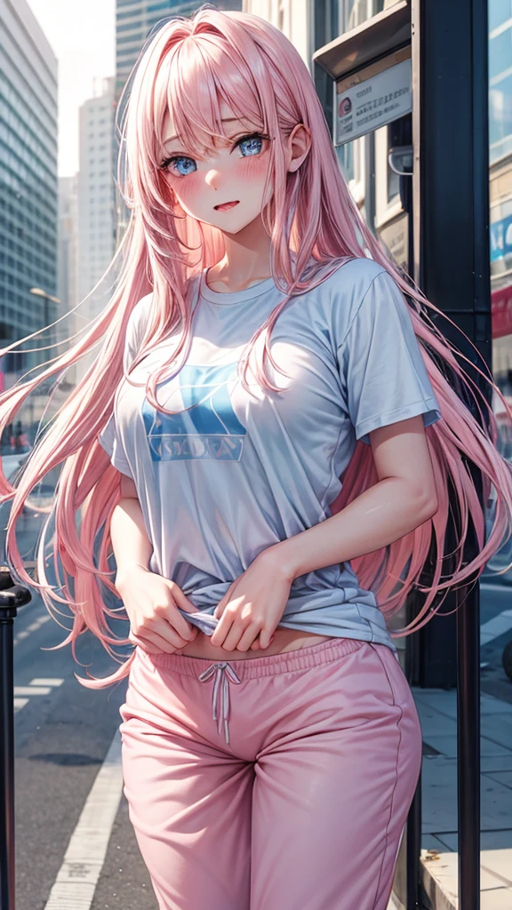 huge breasts , dolphin shorts , Pink hair , long straight hair , white t-shirt ,