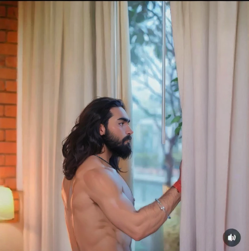 Fat shirtless Brazilian man in front of mirror with sad appearance in a room Daytime lighting, sombras detalhadas, HDR, Fotoreal, arte digital, bem iluminado