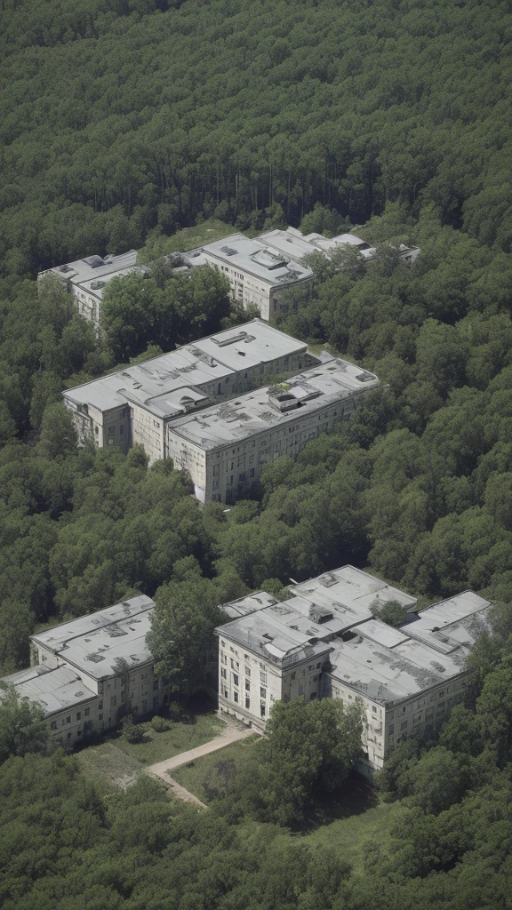 Mental hospital exterior with garden in a forest at noon