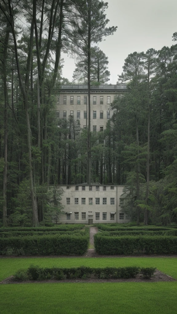 Mental hospital exterior with garden in a forest at noon