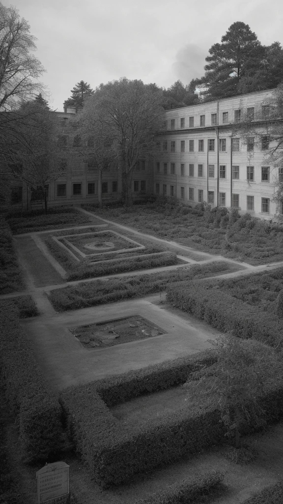 Mental hospital exterior with garden in a forest at noon