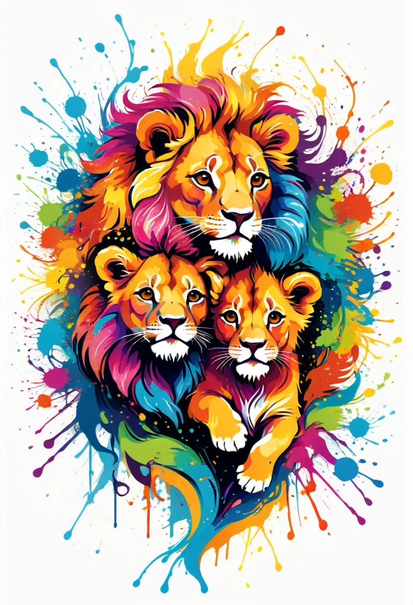 A t-shirt with vector art of a colorful illustration of two little lions , At the center, swirly vibrant colors, paint splashes and smears, high détail,White background
(artwork, best quality, proffesional, perfect composition, very aesthetic, absurdrez, super verbose, Intricate details:1.3)