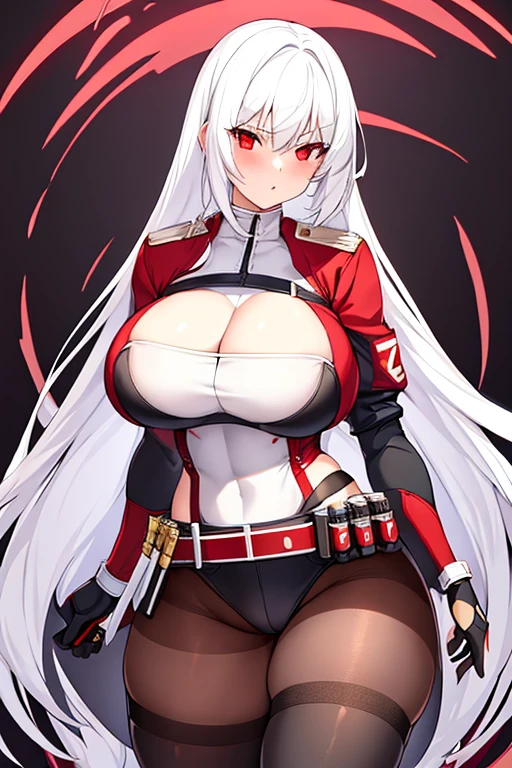 1girl, white hair, long hair, red eyes, serious, glowing eyes, large breasts, thick thighs, mature female, athletic  female, toned, leotard, black leotard, thighhighs, belt, knife, knifes, pantyhose, ((belt)), black pantyhose