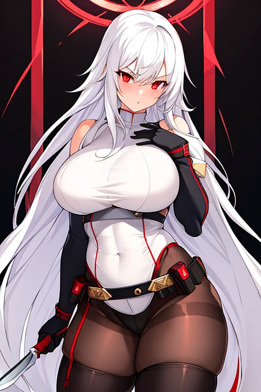 1girl, white hair, long hair, red eyes, serious, glowing eyes, large , thick thighs, mature , athletic female, toned, leotard, black leotard, thighhighs, belt, knife, knifes, pantyhose, ((), black pantyhose