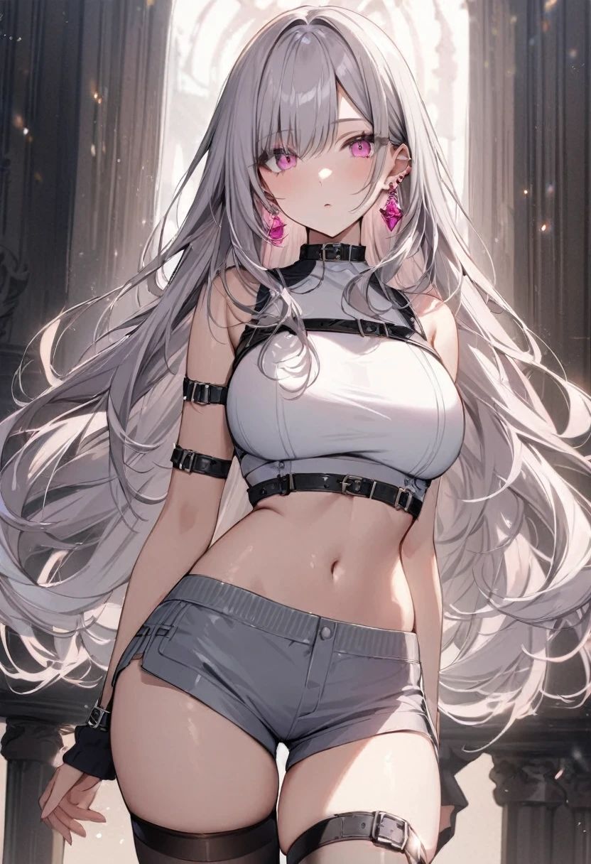 masterpiece, best quality, 1girl, solo, adult, light gray hair, long hair, earrings, pink eyes, detailed face, white crop top, large breasts, shorts, stocking, arm belt, infront of viewer, empty look, 