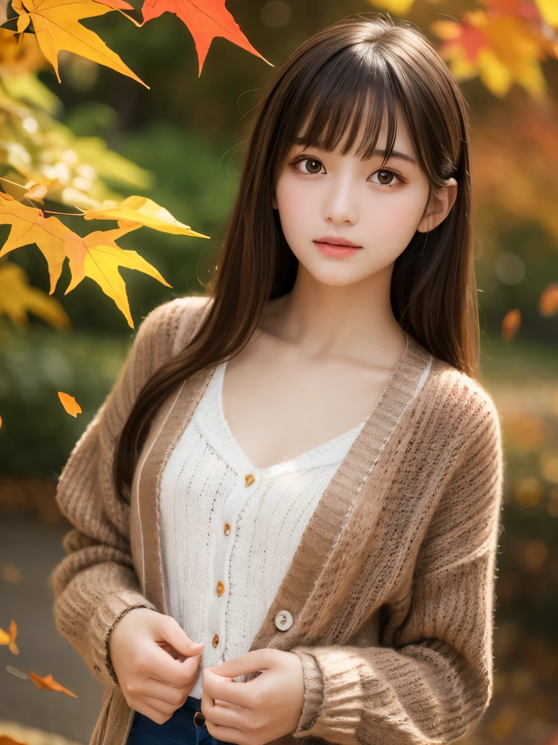 masterpiece, Highest quality, One girl, (a beauty girl, Delicate girl:1.3), (16 years old:1.3), Very fine grain definition, (Symmetrical eyes:1.3), (autumn leaves:1.2), (girly fashion, knit cardigan:1.3), Small breasts, Brown eyes, Parted bangs, Brown Hair,  girl, (Eye and facial details:1.0), (Face close-up, Zoom in on face, Face Focus:0.1)