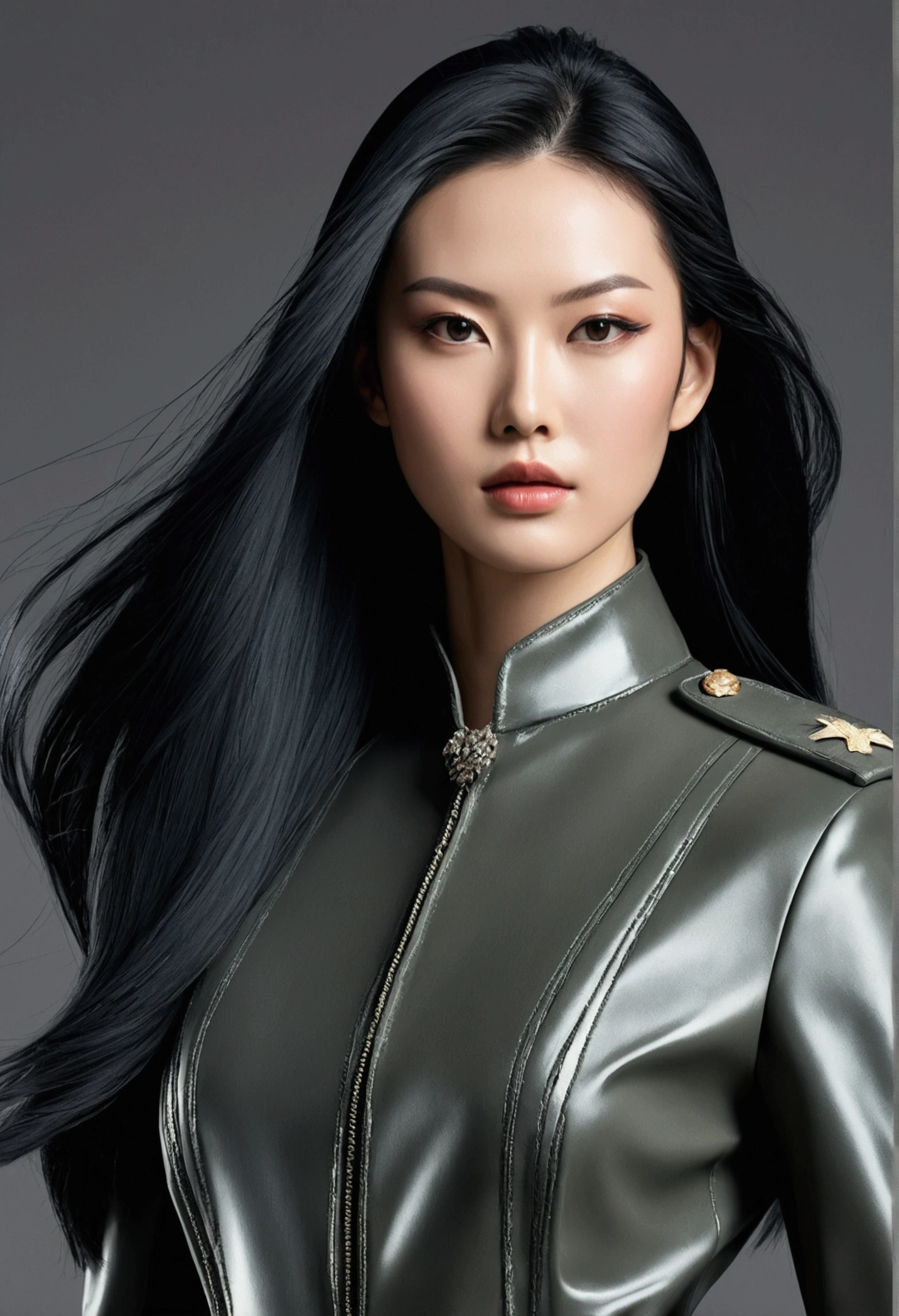 a photorealistic model wearing expensive Haute kevlar Couture giving military high fashion, the model is japanese with long straight jet black hair, the Couture is gorgeous and innovative, the model is posing dynamically, HD, glossy finish, --ar 4:5 --s 250 --niji 6