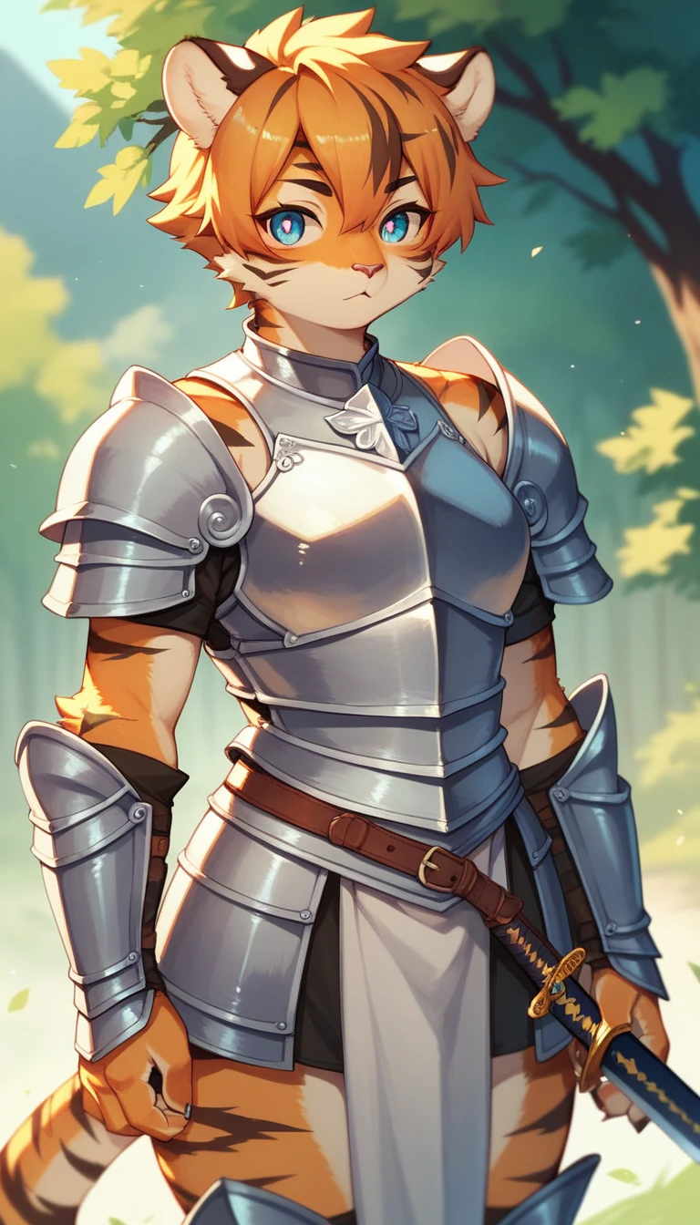 score_9, score_8_up) score_7_up, score_6_up, solo, tiger, kemono, anthro, cute, short hair, blue eyes, white pupils, sexy pose, orange fur, sword, knight armor outside,