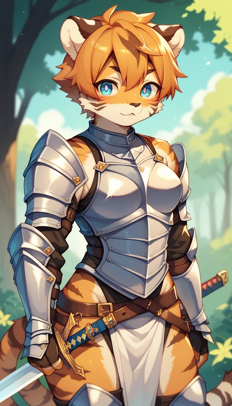 score_9, score_8_up) score_7_up, score_6_up, solo, tiger, kemono, anthro, cute, short hair, blue eyes, white pupils, sexy pose, orange fur, sword, knight armor outside,