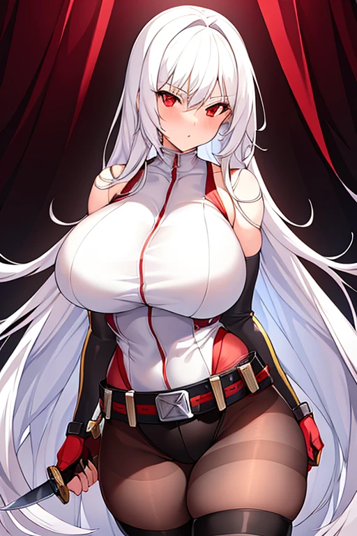 1girl, white hair, long hair, red eyes, serious, glowing eyes, large breasts, thick thighs, mature female, athletic female, toned, leotard, black leotard, thighhighs, belt, knife, knifes, pantyhose, ((belt)), black pantyhose
